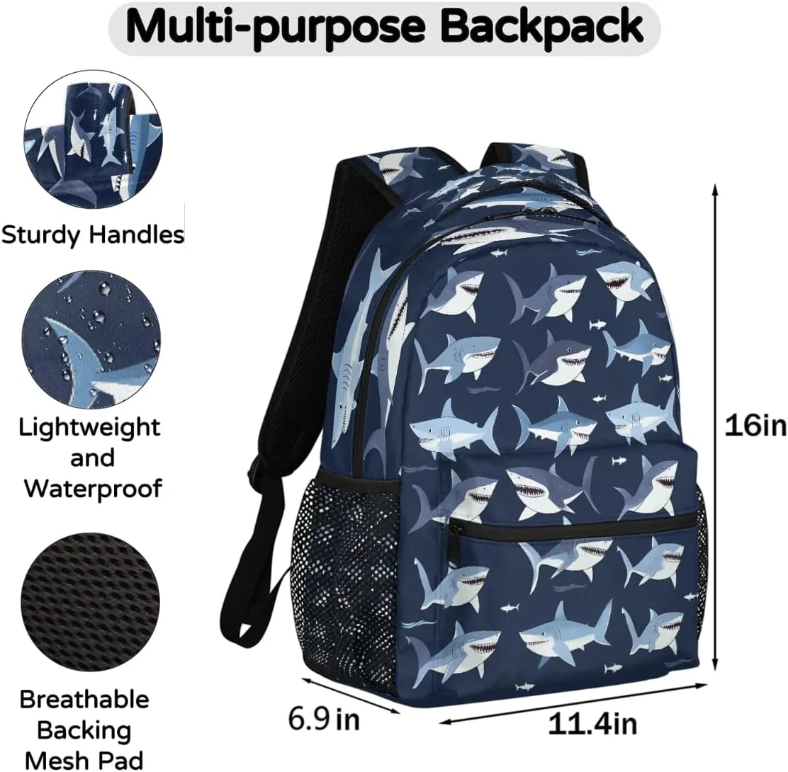 Kids School Backpack Funny Sea Sharks Animal Large Bookbag for Elementary Students Boys Girls Lightweight Travel Casual Daypack Water Resistant Outdoor Hiking Sport Rucksack