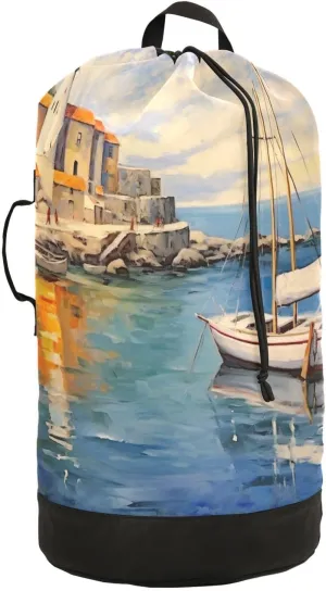 Kigai Seaport Travel Laundry Bag Waterproof Durable Large Laundry Backpack with Handles and Drawstring Closure Machine Washable Dirty Clothes Organizer Storage Bag Laundry Hamper