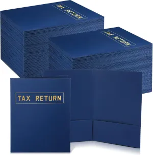 Kosiz 100 Pcs Tax Return Folders Bulk 9 x 12 Inch 2 Pocket Gold Foil Stamped Folder with Pockets for Business Office Storing or Handling Personal and Customer Tax Return Organizer (Blue)