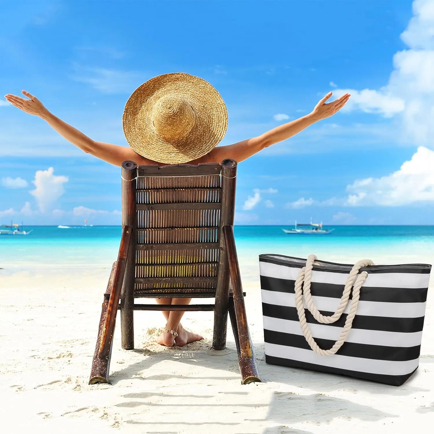 KUAK Beach Bags for Women Extra Large Beach Tote Bag with Top Zipper, 3 Inner Pockets Waterproof Sandproof Swim Pool Bag