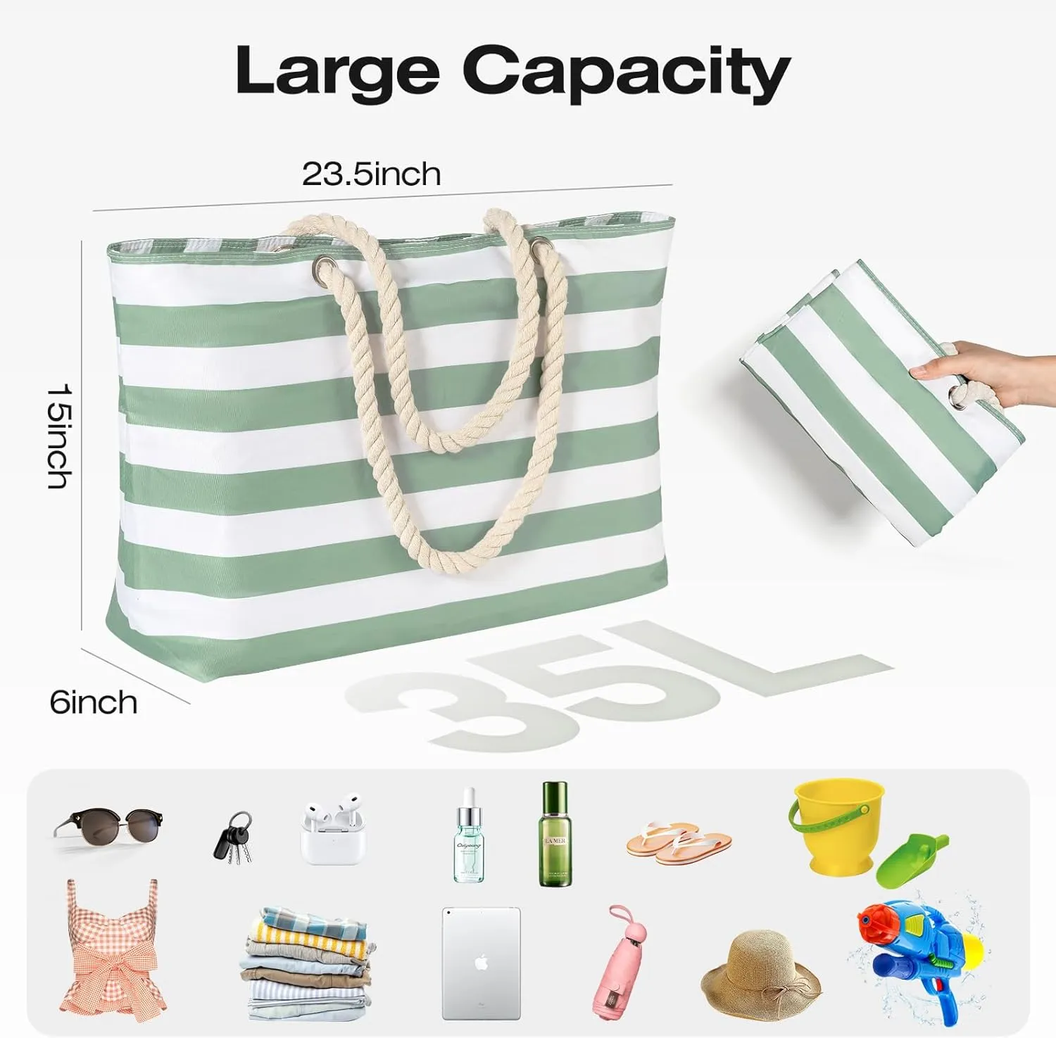 KUAK Beach Bags for Women Extra Large Beach Tote Bag with Top Zipper, 3 Inner Pockets Waterproof Sandproof Swim Pool Bag