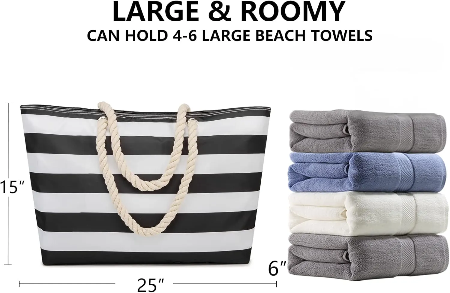 KUAK Beach Bags for Women Extra Large Beach Tote Bag with Top Zipper, 3 Inner Pockets Waterproof Sandproof Swim Pool Bag