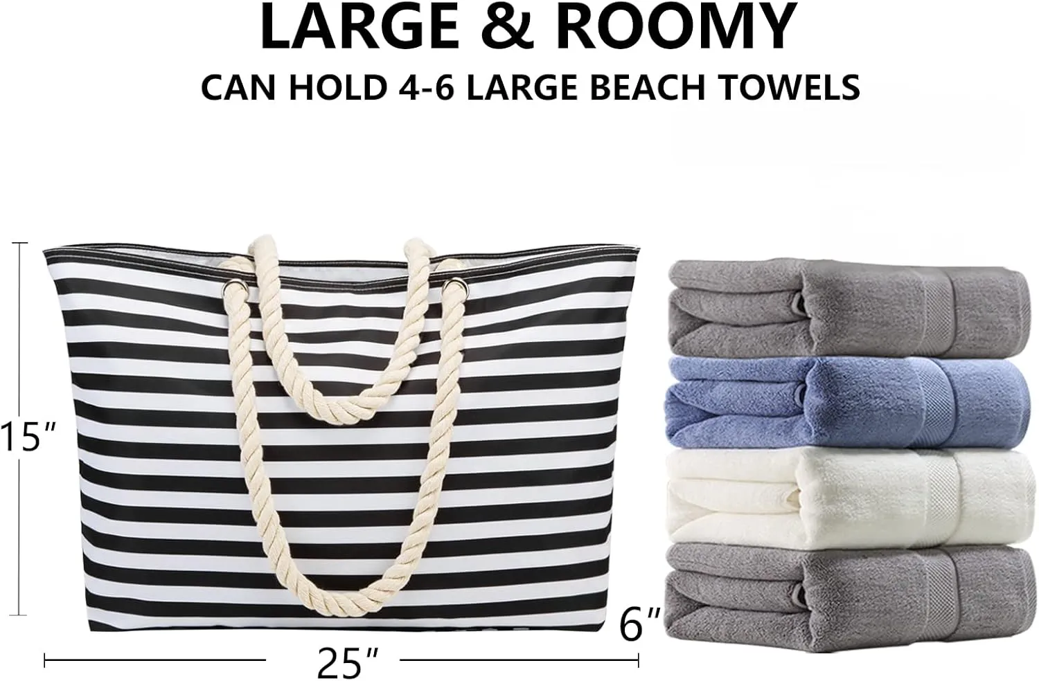 KUAK Beach Bags for Women Extra Large Beach Tote Bag with Top Zipper, 3 Inner Pockets Waterproof Sandproof Swim Pool Bag