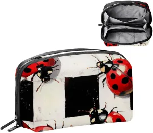Ladybugs on Black and White Checkers Background Electronics Organizer, Cord Cable Storage Bag Waterproof for Home Travelling, Electronic Accessories Case for Charge Mouse USB SD Card Hard Drives