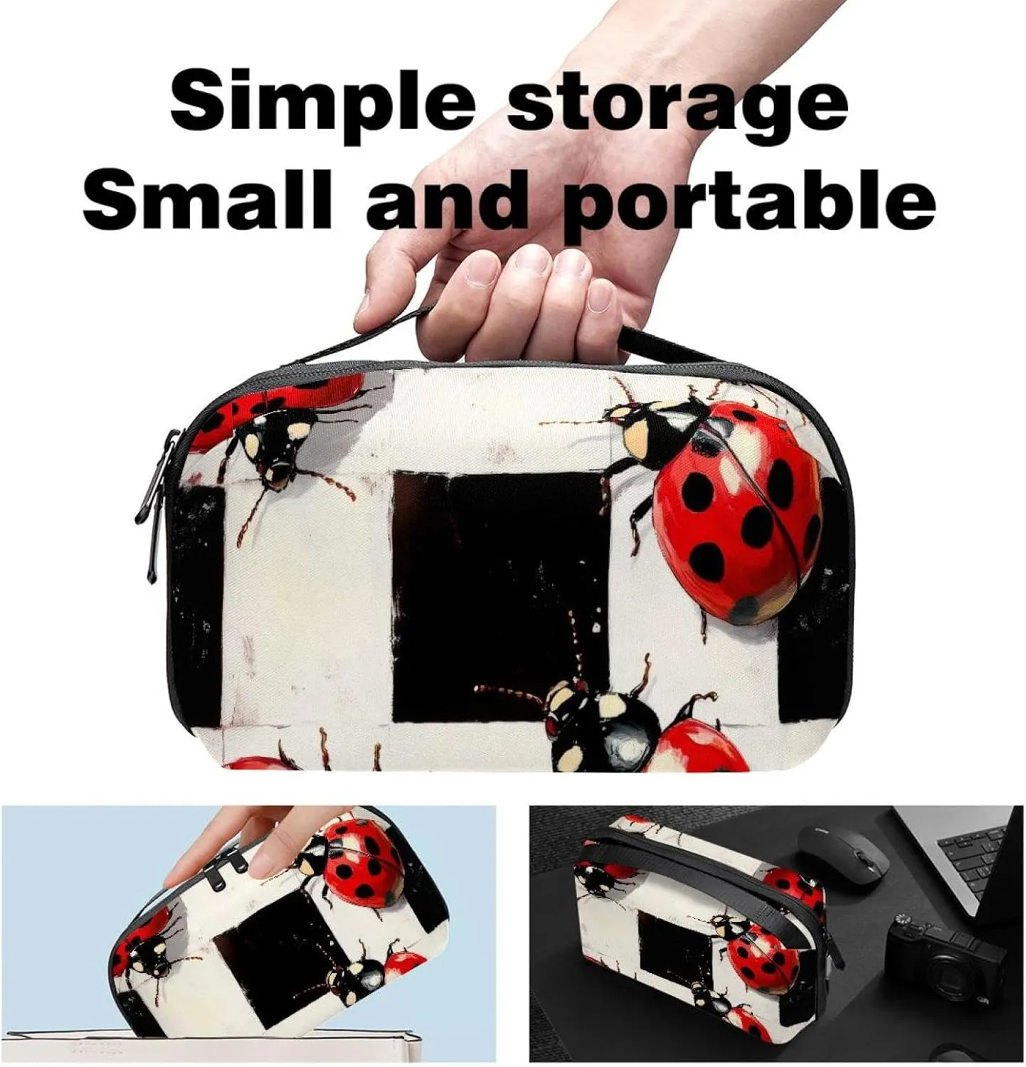 Ladybugs on Black and White Checkers Background Electronics Organizer, Cord Cable Storage Bag Waterproof for Home Travelling, Electronic Accessories Case for Charge Mouse USB SD Card Hard Drives