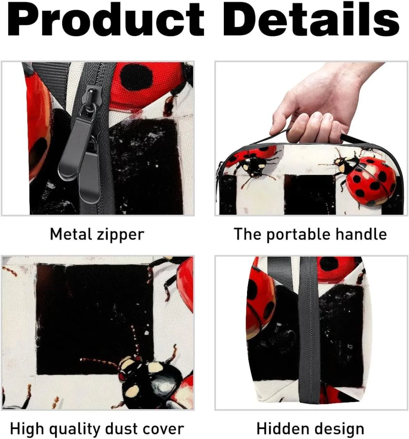 Ladybugs on Black and White Checkers Background Electronics Organizer, Cord Cable Storage Bag Waterproof for Home Travelling, Electronic Accessories Case for Charge Mouse USB SD Card Hard Drives