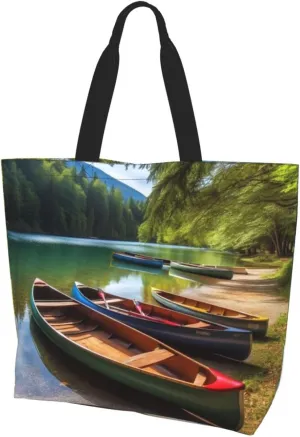 Lake with Boats Canoes Park printed Reusable Shoulder bag Shopping Bag Fashion Handbag