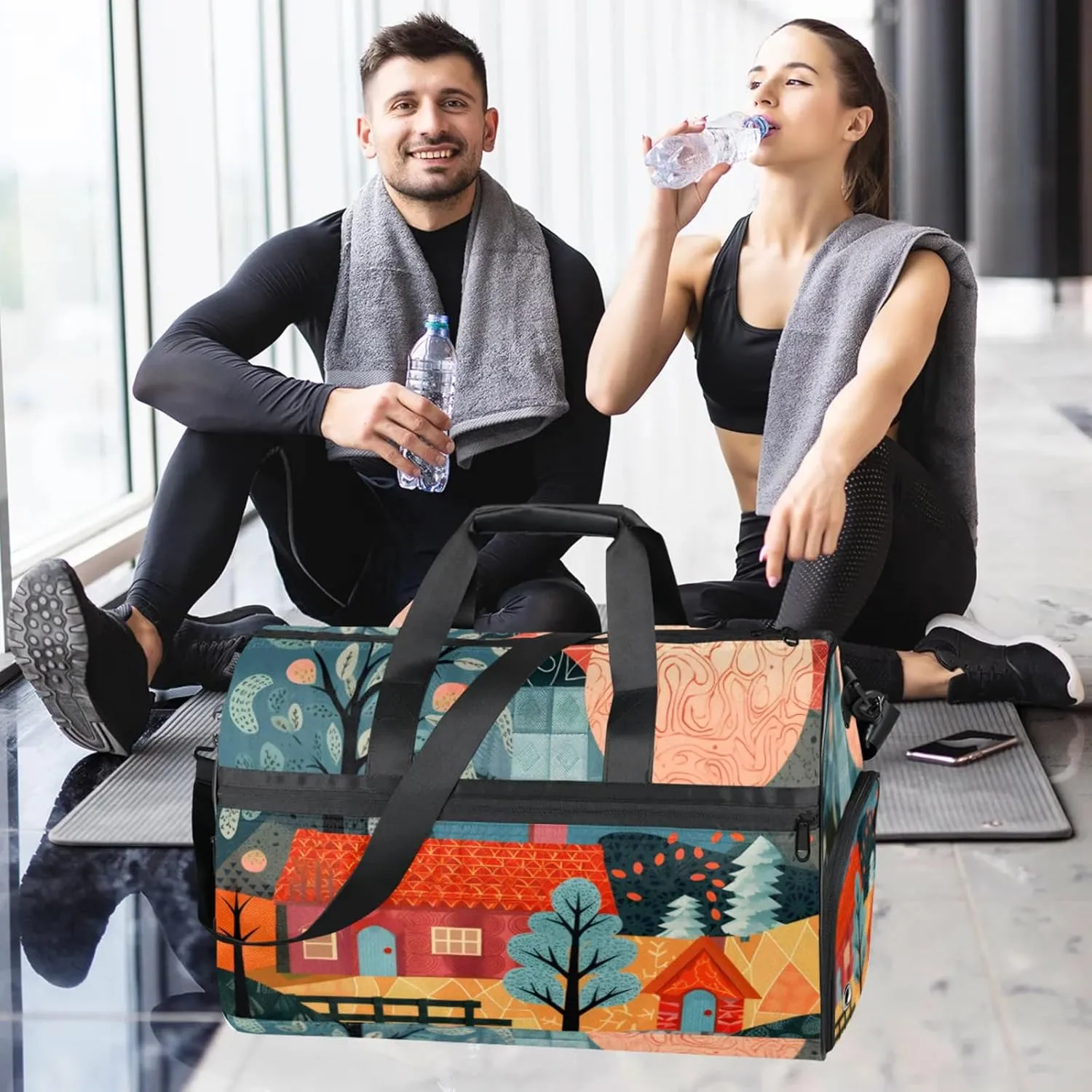 Landscape 43L Gym Duffle Bag for men with Shoe Compartment, Japanese Overnight Weekender Bag for Women with Shoulder Strap, Ideal for Travel, Gym, Sports