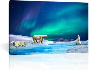 Landscape Artwork Picture Printed on Canvas-Nature Scenery Canvas Wall Art-aurora polar bear Wall Art Giclee Canvas Prints Modern Home Decor Framed Ready to Hang30x45cm 12"x18"inner frame