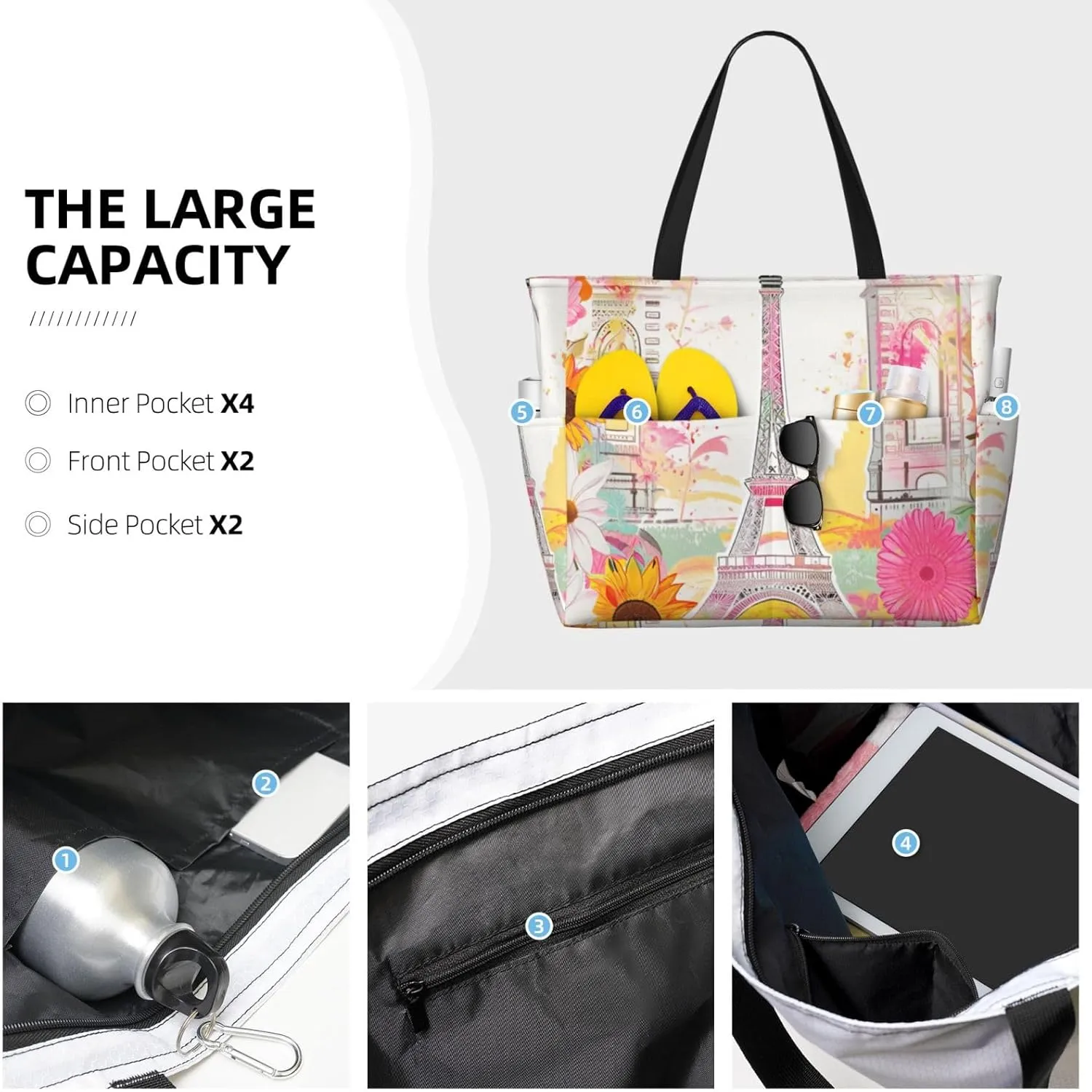 Large Beach Bag Waterproof Beach Totes Bags for Women Men, Pool Bag with Zipper Pocket