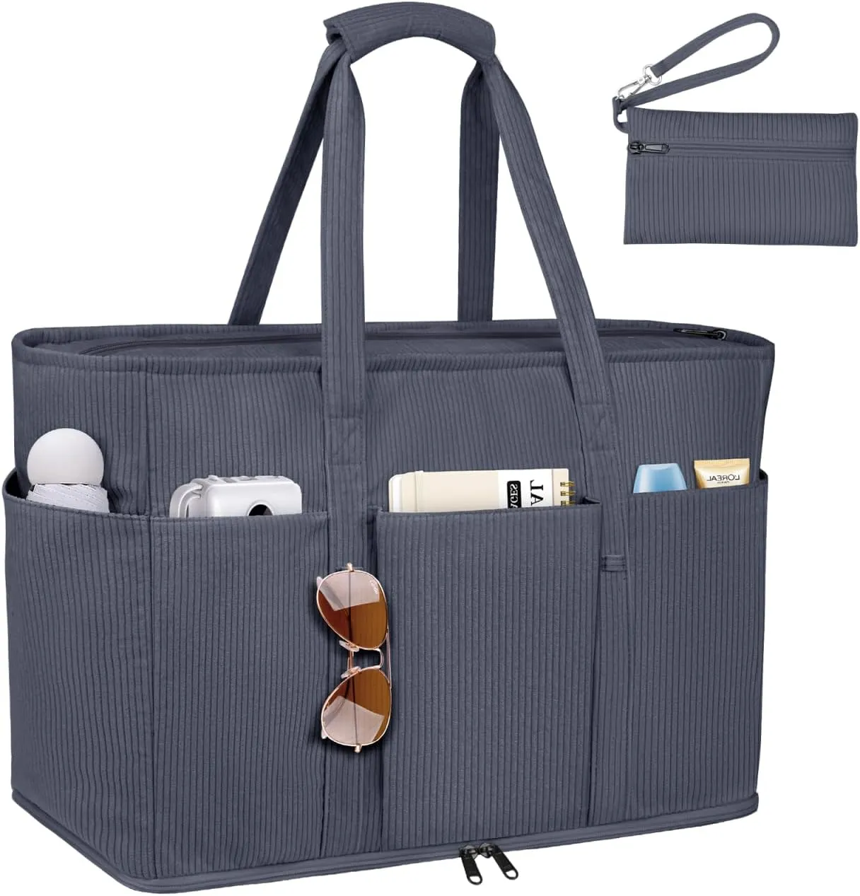 Large Beach Bag with Zipper, 12 Pockets Waterproof Sandproof Pool Bag Womens Mesh Beach Tote Bag for Travel Vacation