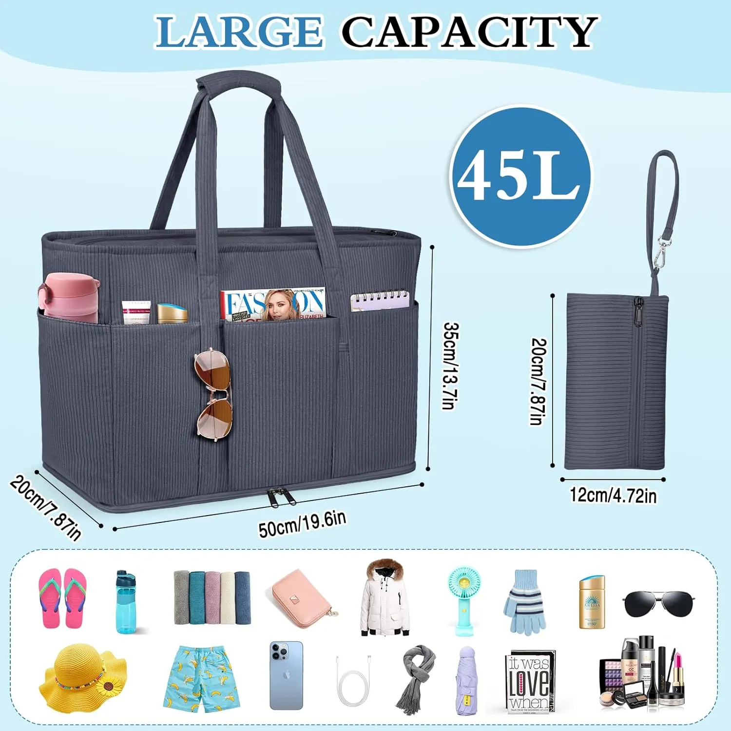 Large Beach Bag with Zipper, 12 Pockets Waterproof Sandproof Pool Bag Womens Mesh Beach Tote Bag for Travel Vacation