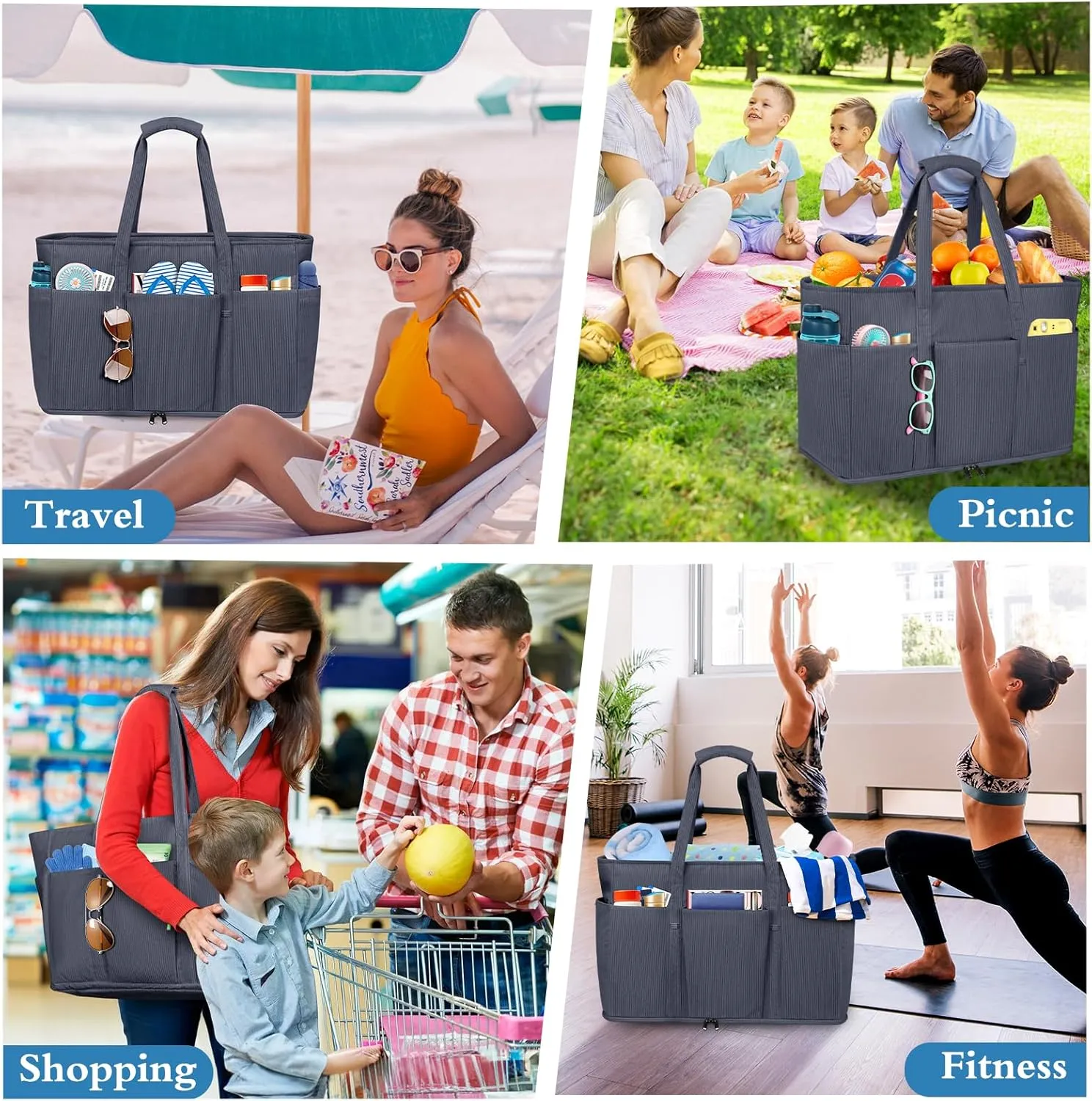 Large Beach Bag with Zipper, 12 Pockets Waterproof Sandproof Pool Bag Womens Mesh Beach Tote Bag for Travel Vacation