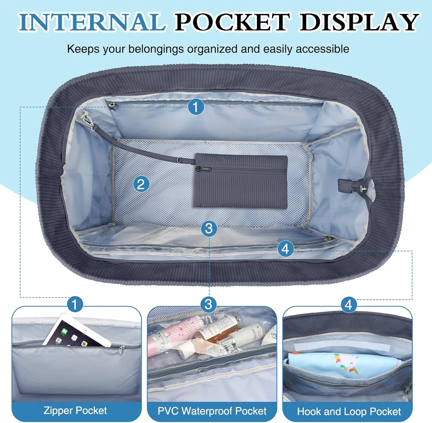Large Beach Bag with Zipper, 12 Pockets Waterproof Sandproof Pool Bag Womens Mesh Beach Tote Bag for Travel Vacation