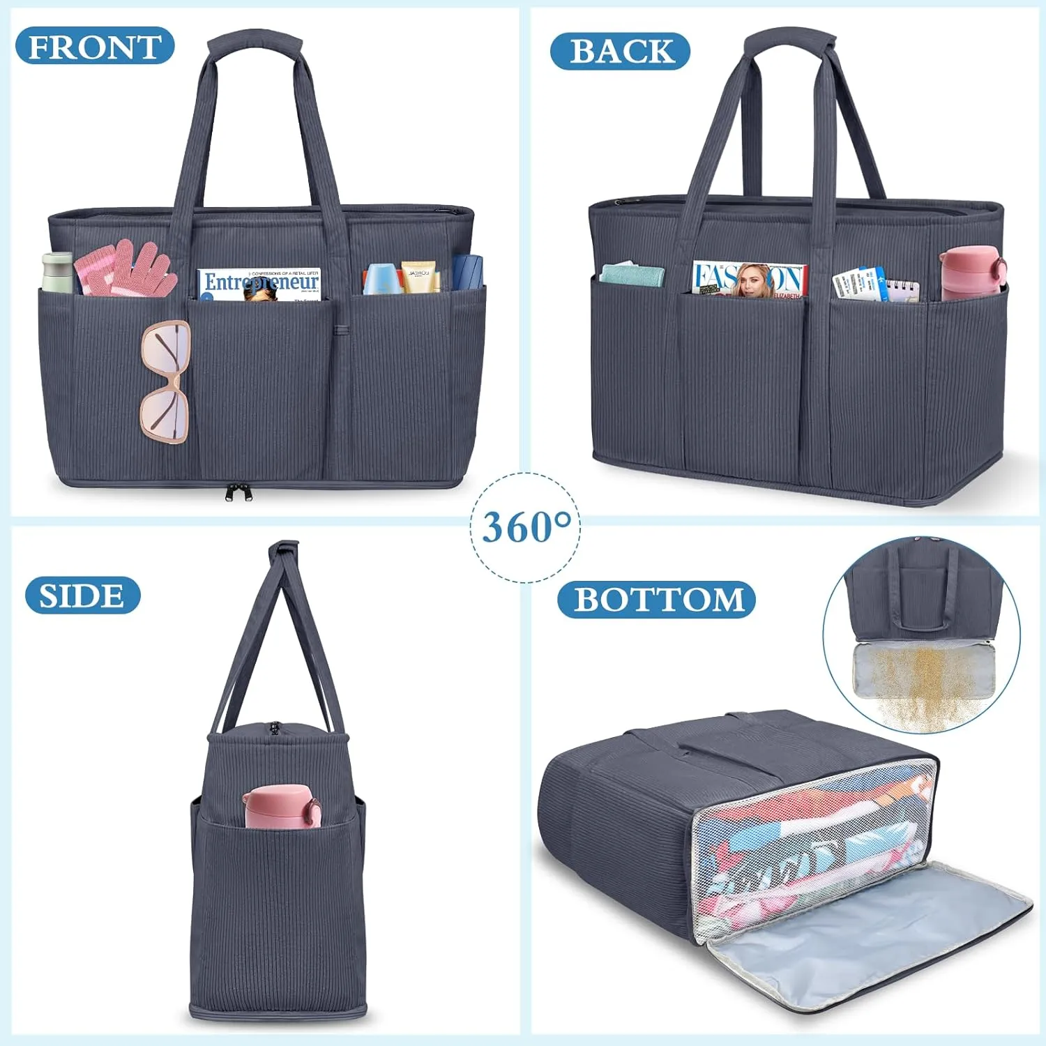 Large Beach Bag with Zipper, 12 Pockets Waterproof Sandproof Pool Bag Womens Mesh Beach Tote Bag for Travel Vacation