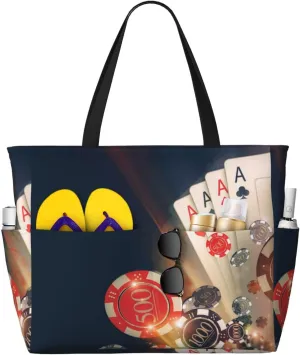 Large Beach Tote Bag for Women Extra Large Capacity Waterproof Sandproof Pool Bag Suitable for Swimming Pool Gym Groceries Travel - Casino Poker Chips
