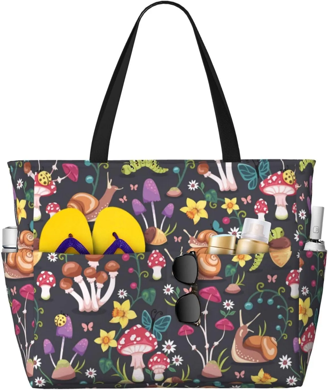 Large Beach Tote Bag for Women Extra Large Capacity Waterproof Sandproof Pool Bag Suitable for Swimming Pool Gym Groceries Travel - Mushrooms Snails Butterflies
