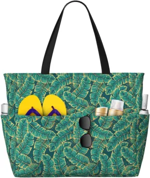 Large Beach Tote Bag for Women Extra Large Capacity Waterproof Sandproof Pool Bag Suitable for Swimming Pool Gym Travel Groceries Gold and Green Tropic Leaves