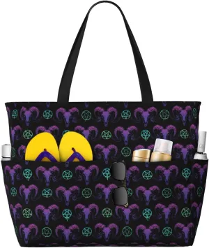 Large Beach Tote Bag for Women Extra Large Capacity Waterproof Sandproof Pool Bag Suitable for Swimming Pool Gym Travel Groceries Mysterious Colorful Ram Skull