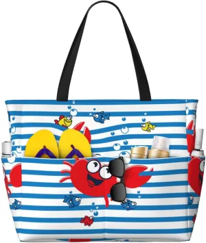 Large Beach Tote Bag for Women Extra Large Capacity Waterproof Sandproof Pool Bag Suitable for Swimming Pool Gym Travel Groceries Red Funny Crab on Blue Stripe