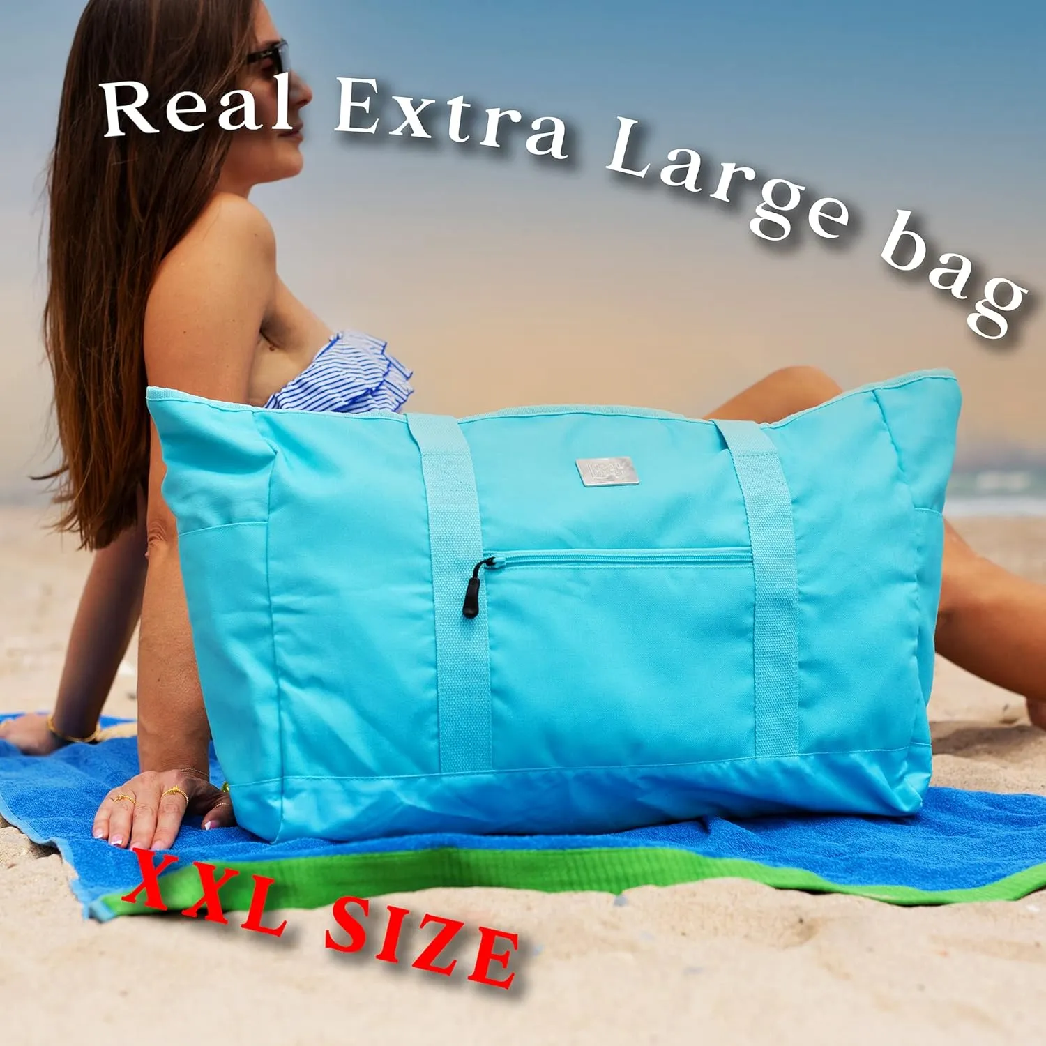 Large Canvas Tote Beach Bag - Top Zipper Closure - Waterproof Lining - XL Tote Bag With Many Pockets For Beach Gym And Travel