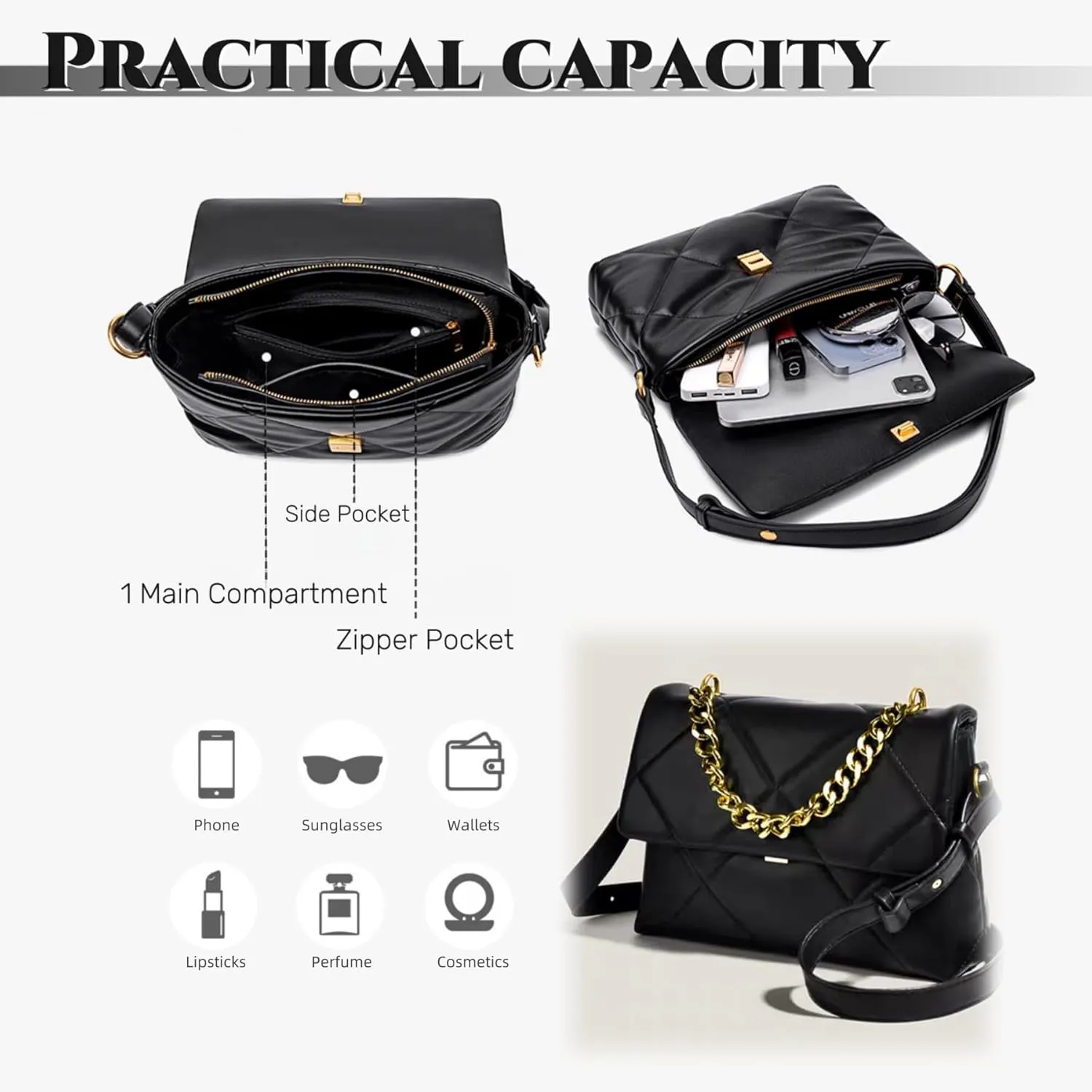 Large Capacity Quilted Bag Flap Bags for Women Trendy Tote Shoulder Crossbody Bags Travel Handbags with a Golden Chain