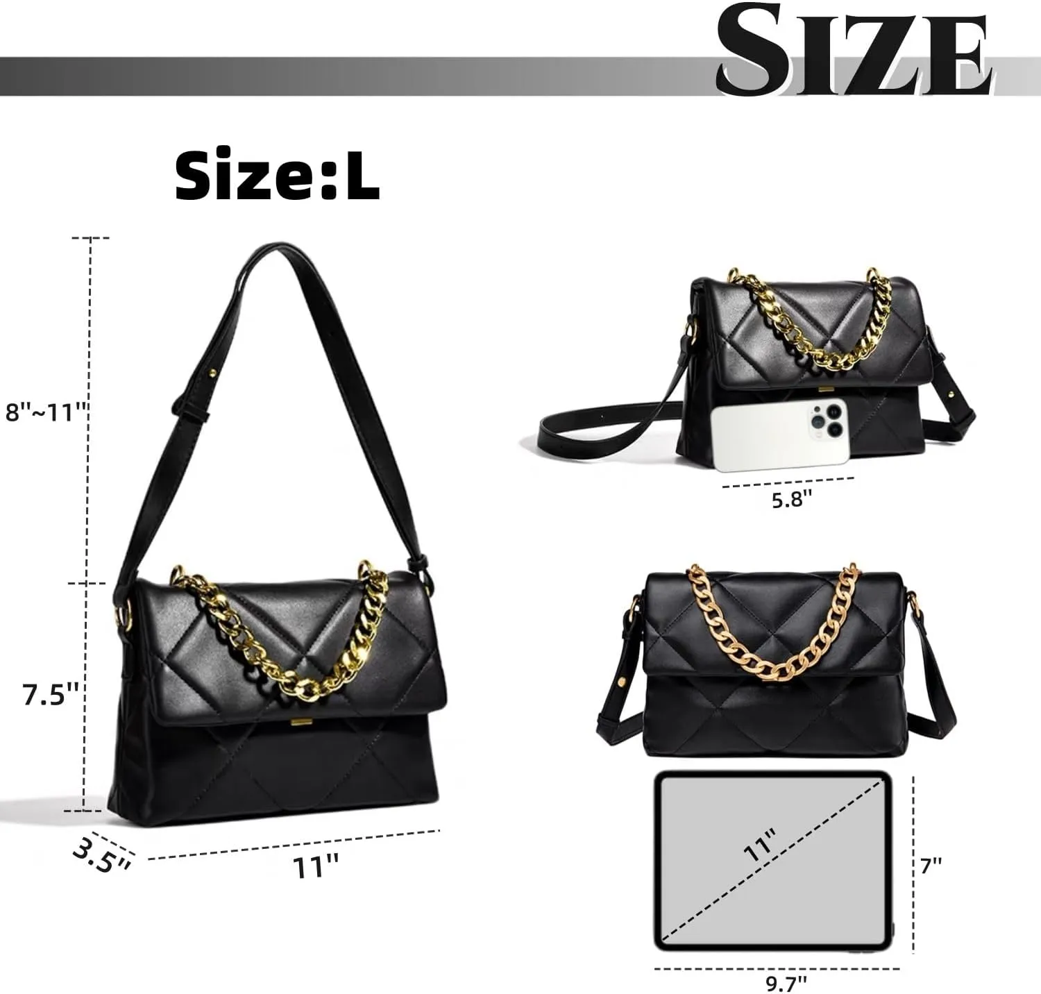 Large Capacity Quilted Bag Flap Bags for Women Trendy Tote Shoulder Crossbody Bags Travel Handbags with a Golden Chain