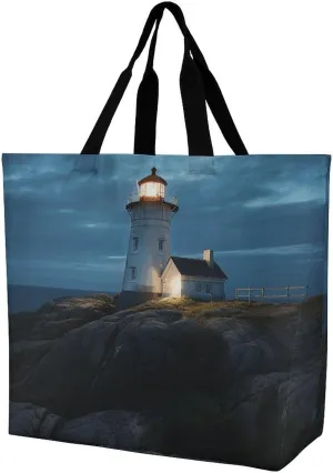 Large Capacity Tote, Lighthouse at Night Print All-purpose Shopping Bag Reusable Grocery Bag Shopping Tote for Women One Shoulder Tote