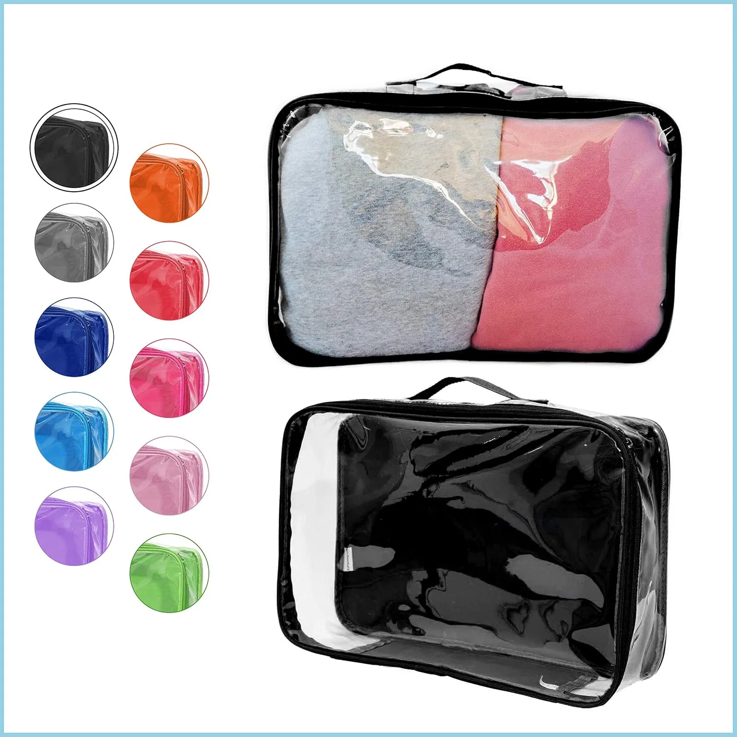 Large Clear Travel Packing Cube/See-Through PVC Organizer for Suitcase/Multipurpose Pouch w/Handle/Dress Shirts, Pants, Cashmere, Sweaters & Seasonal Linen Storage Protection (Black)