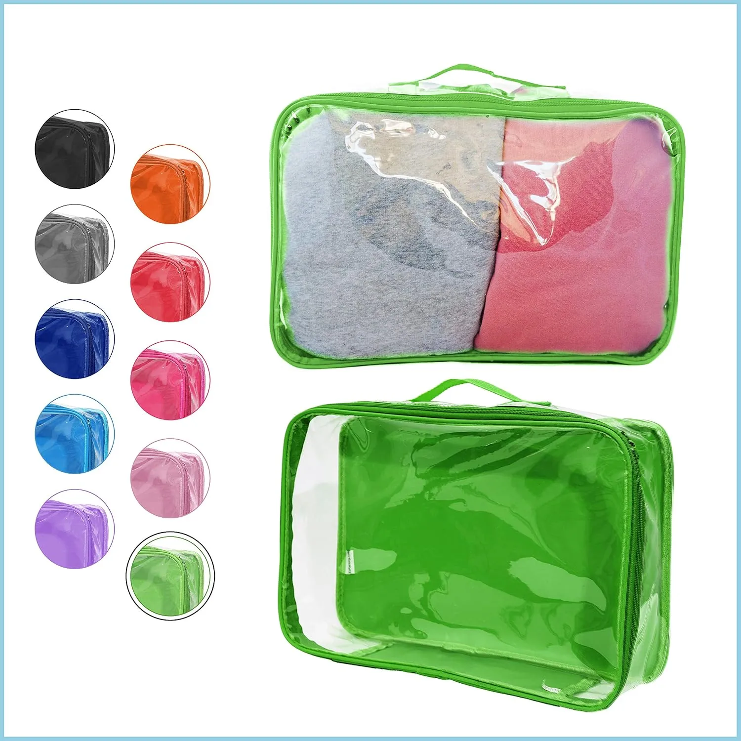 Large Clear Travel Packing Cube/See-Through PVC Organizer for Suitcase/Multipurpose Pouch w/Handle/Dress Shirts, Pants, Cashmere, Sweaters & Seasonal Linen Storage Protection (Green)
