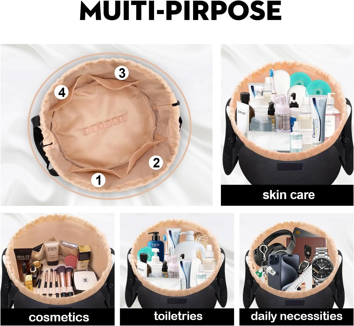 Large Drawstring Makeup Organizer,Lay Barrel Makeup Bag Leather Cosmetic Bag Toiletry Bag for Travel,Portable Waterproof Make Up Bags for Women Brush Toiletries Accessories (Black Large)