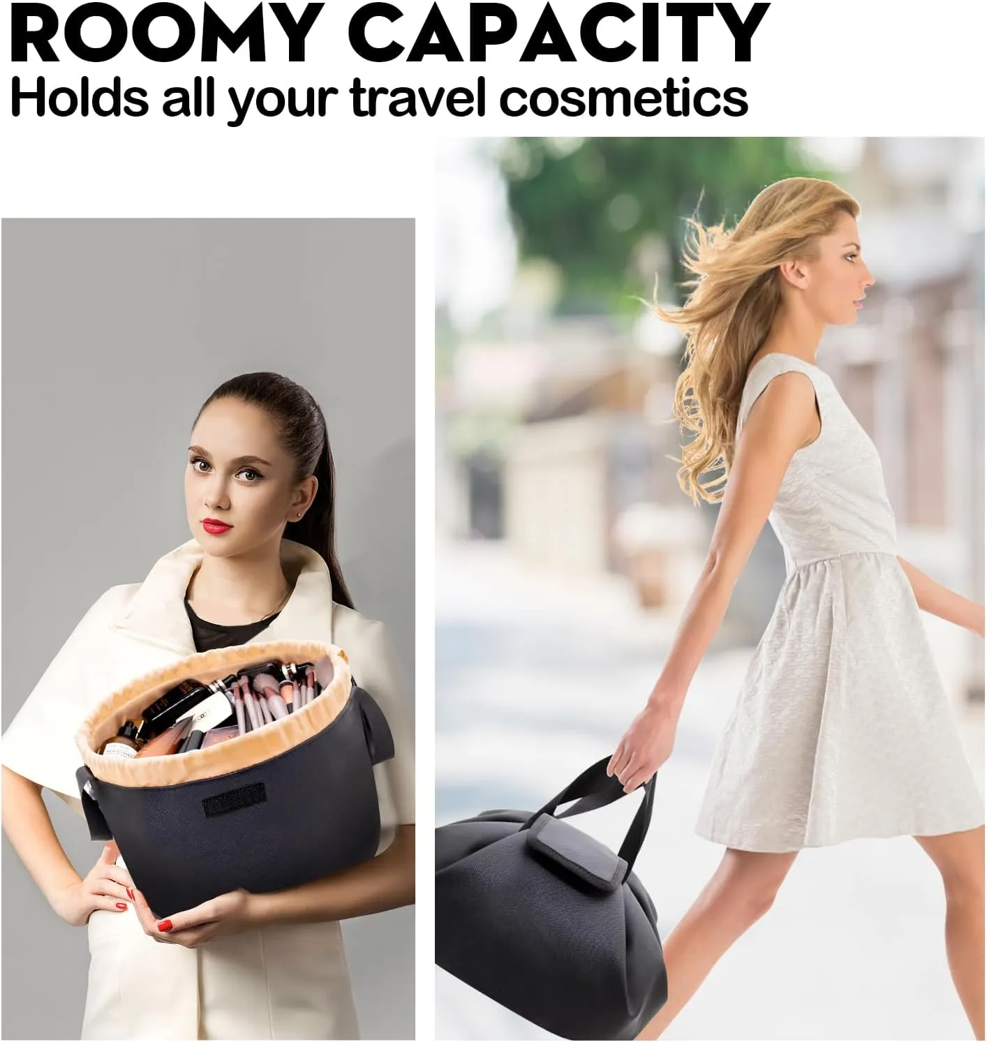 Large Drawstring Makeup Organizer,Lay Barrel Makeup Bag Leather Cosmetic Bag Toiletry Bag for Travel,Portable Waterproof Make Up Bags for Women Brush Toiletries Accessories (Black Large)