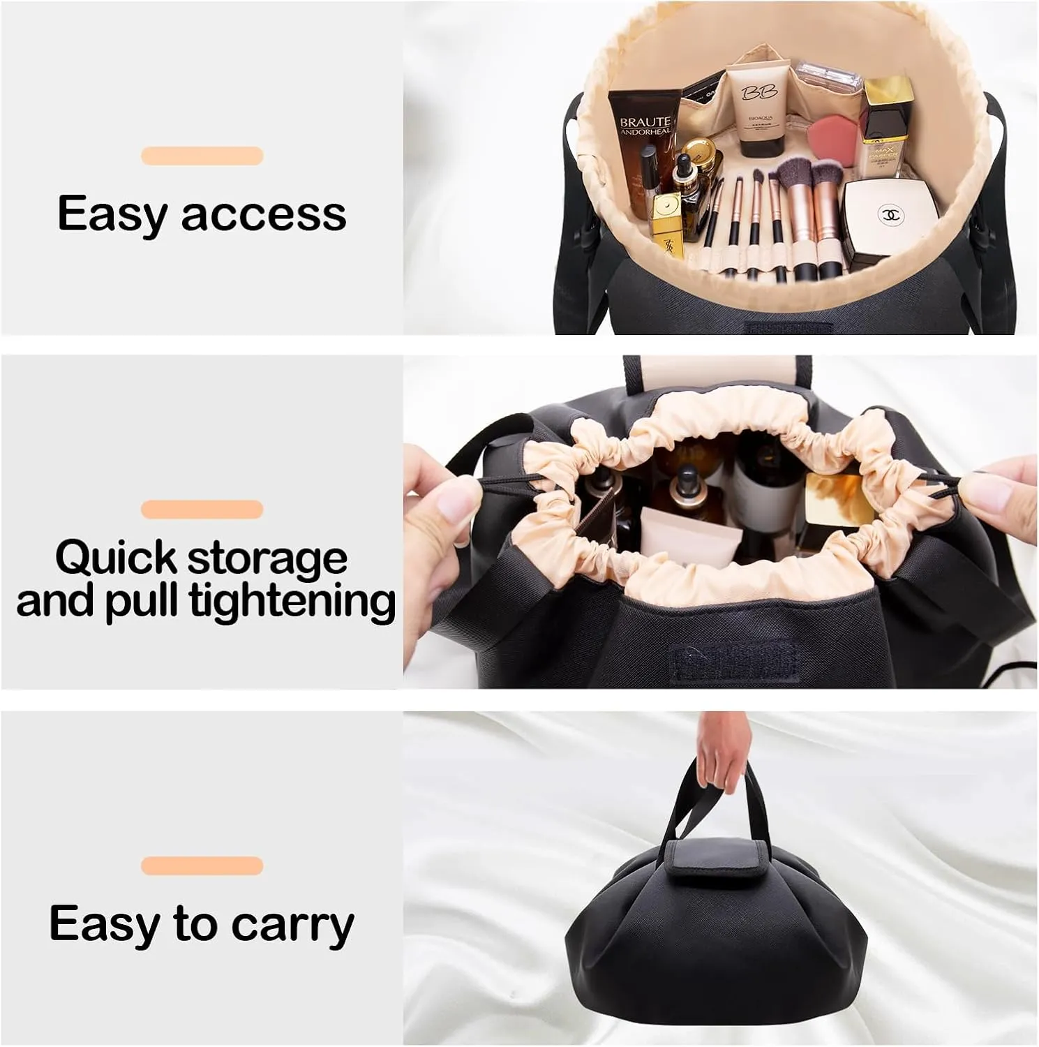 Large Drawstring Makeup Organizer,Lay Barrel Makeup Bag Leather Cosmetic Bag Toiletry Bag for Travel,Portable Waterproof Make Up Bags for Women Brush Toiletries Accessories (Black Large)