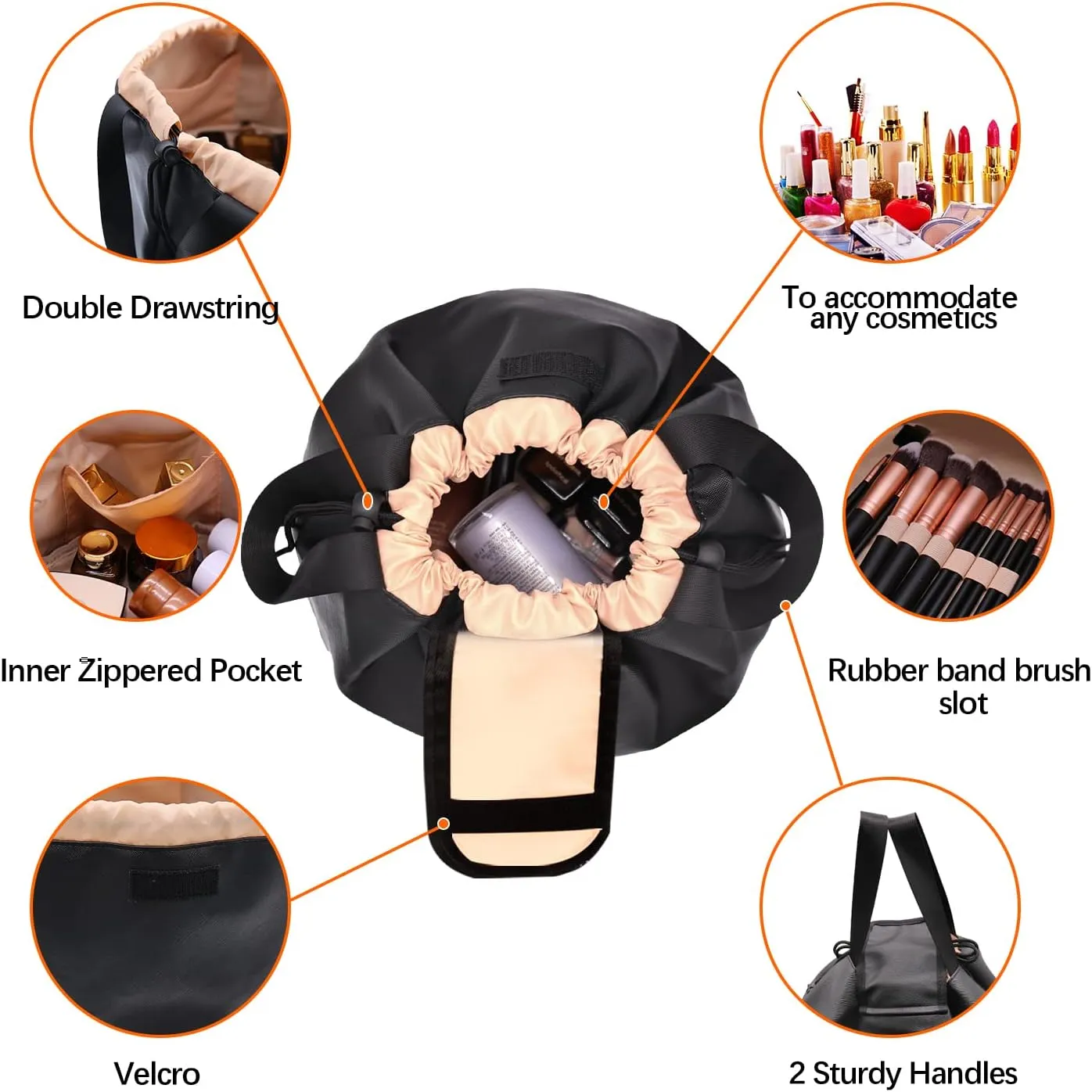Large Drawstring Makeup Organizer,Lay Barrel Makeup Bag Leather Cosmetic Bag Toiletry Bag for Travel,Portable Waterproof Make Up Bags for Women Brush Toiletries Accessories (Black Large)