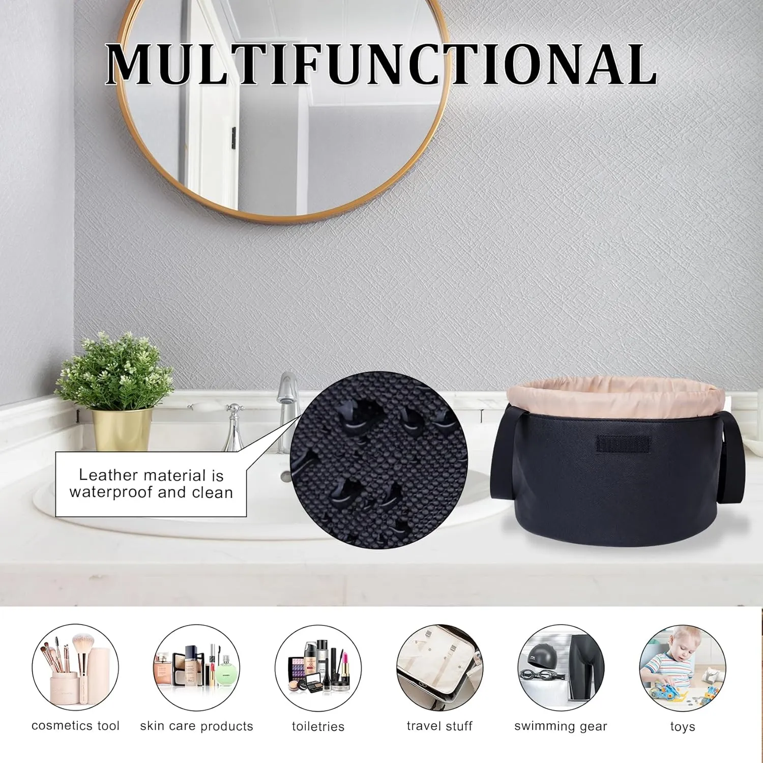 Large Drawstring Makeup Organizer,Lay Barrel Makeup Bag Leather Cosmetic Bag Toiletry Bag for Travel,Portable Waterproof Make Up Bags for Women Brush Toiletries Accessories (Black Large)