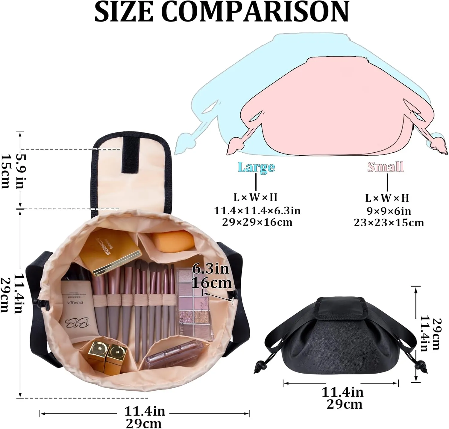 Large Drawstring Makeup Organizer,Lay Barrel Makeup Bag Leather Cosmetic Bag Toiletry Bag for Travel,Portable Waterproof Make Up Bags for Women Brush Toiletries Accessories (Black Large)