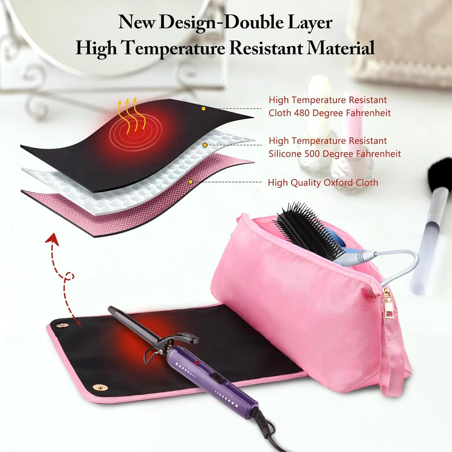 Large Hair Tools Travel Bag with Heat Resistant Mat for Straighteners, Curling Iron, Haircare Accessories, Hair Styling Tools Bag with Silicone Mat (Pink)