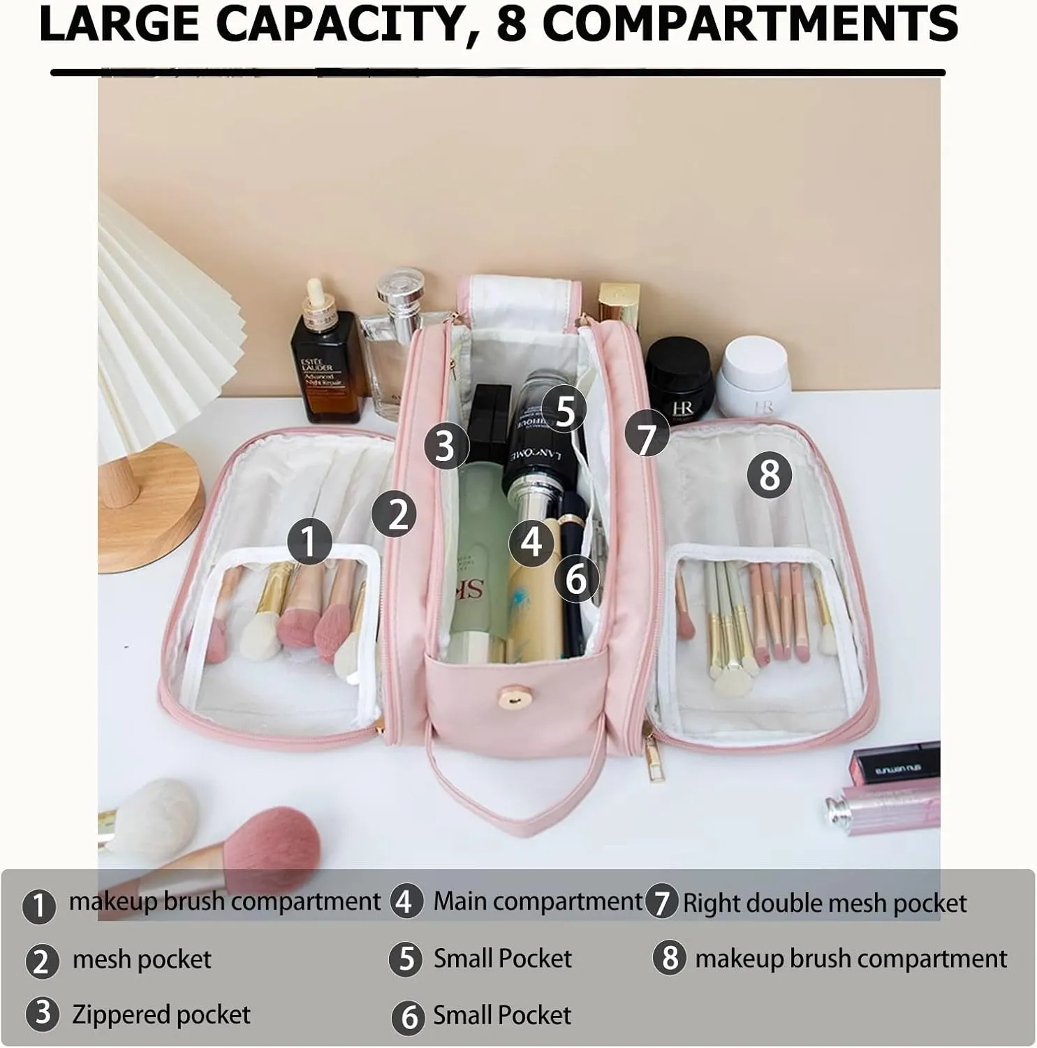 Large Makeup Bag 11.4X6.5X6 inch big Travel Cosmetic bag for Women, Portable Waterproof Toiletry Bag with 8 Compartments and Makeup Brush Holder, for Travveling and Camping (Pink)
