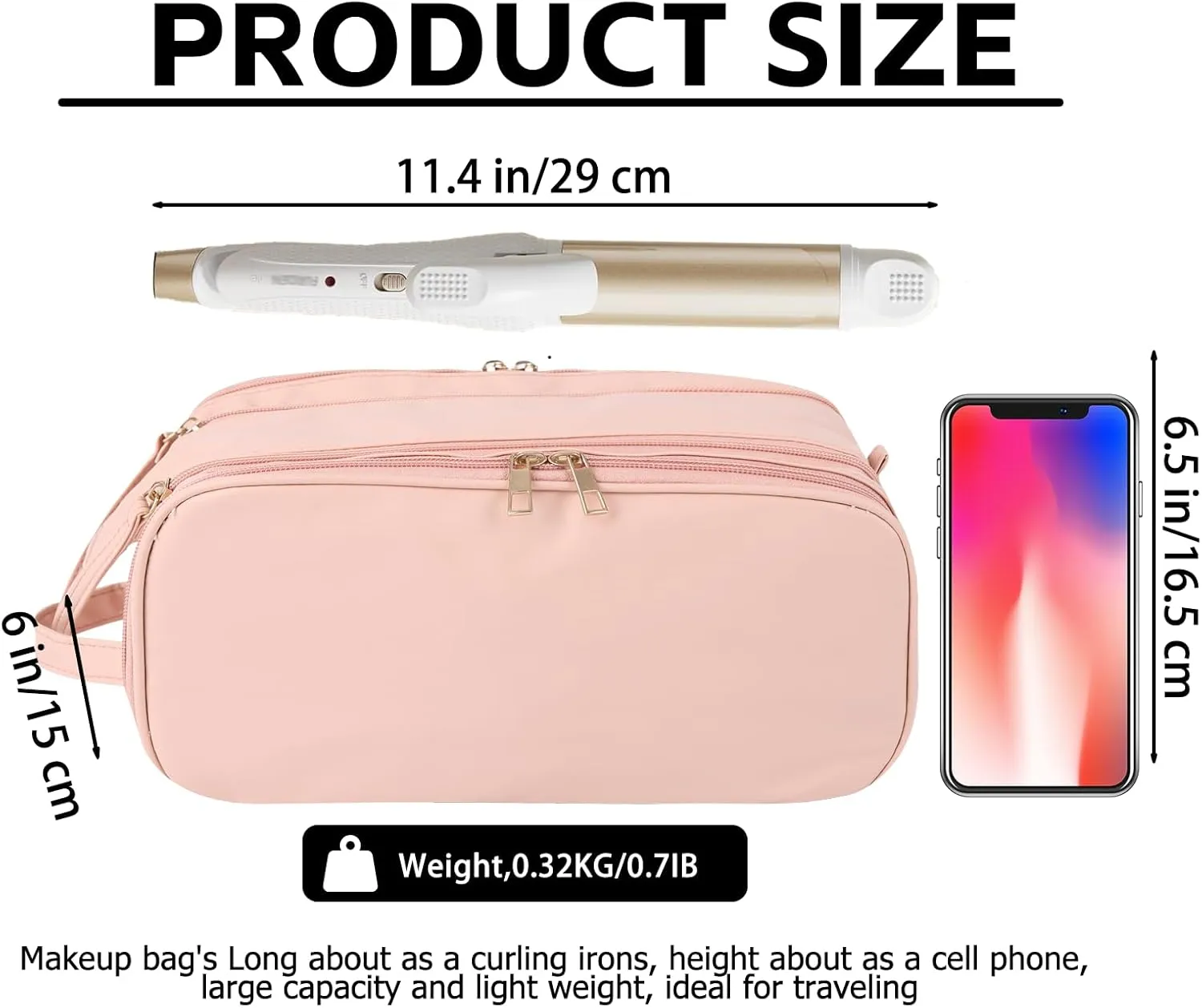 Large Makeup Bag 11.4X6.5X6 inch big Travel Cosmetic bag for Women, Portable Waterproof Toiletry Bag with 8 Compartments and Makeup Brush Holder, for Travveling and Camping (Pink)