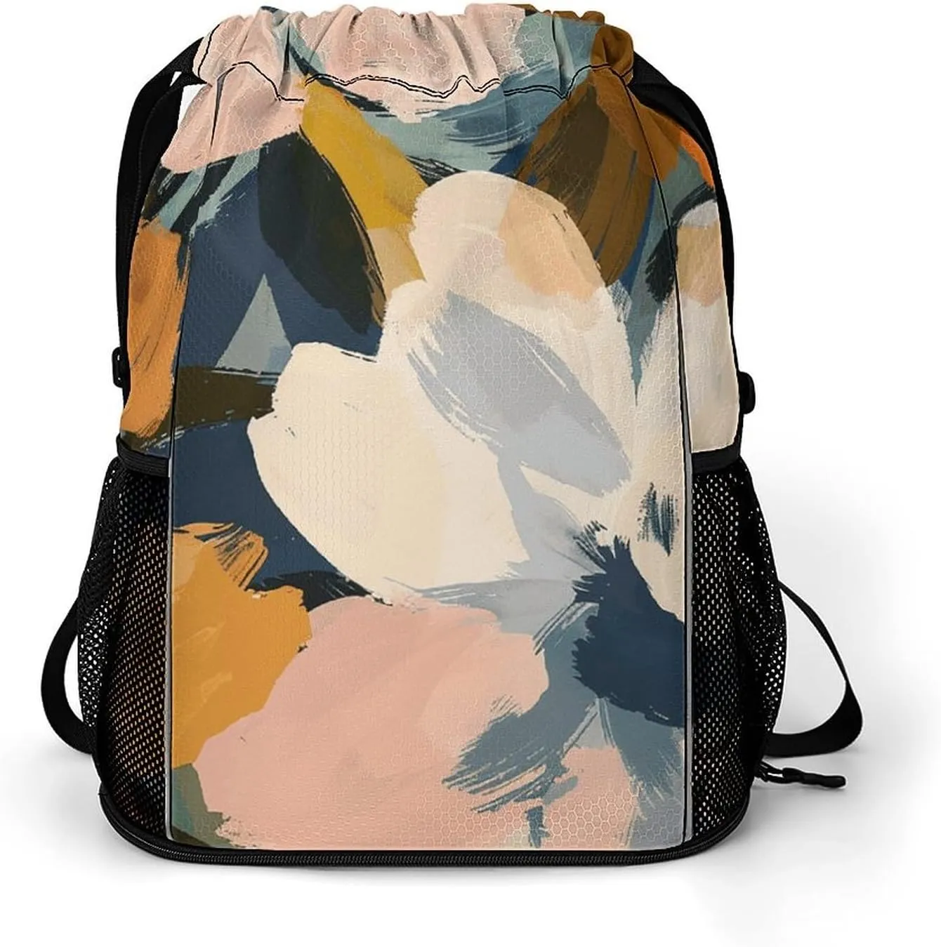 Large Sports Drawstring Backpack Warm Earth Tone Printed with Dry-Wet Separation | Digital Print Gym Sack | Waterproof Fabric | Shoe Compartment & PVC Pocket | Hydration Mesh for Fitness, Travel, Work