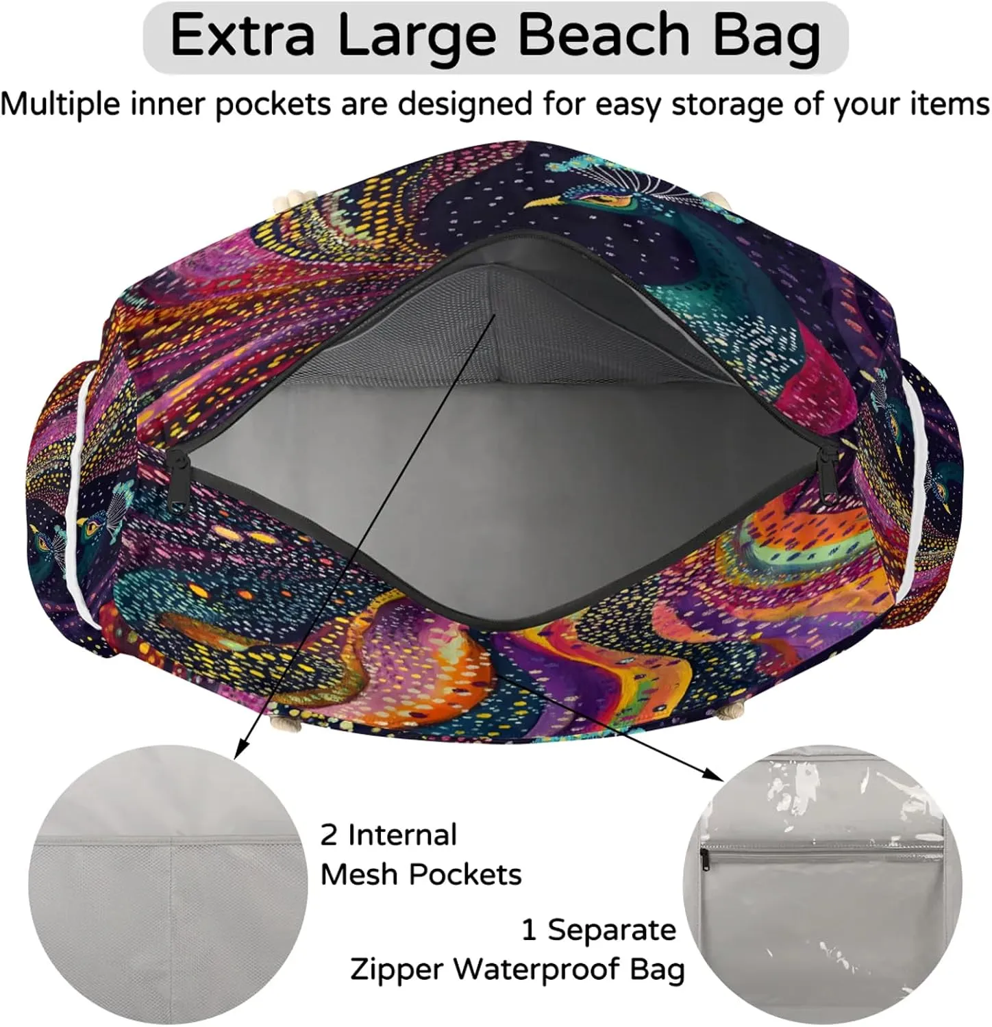 Large Tote Beach Bags for Women with Zipper Waterproof Sandproof Gym Swim Pool Grocery Travel Bag