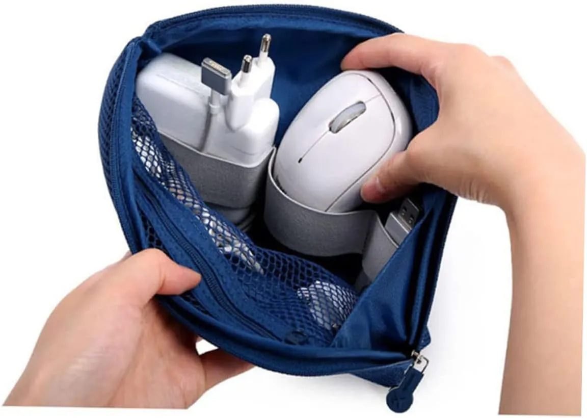 Large Travel Pouch Universal Cable Storage Bag for Phones Earphones Mouse Charger and Toiletries Dark Blue