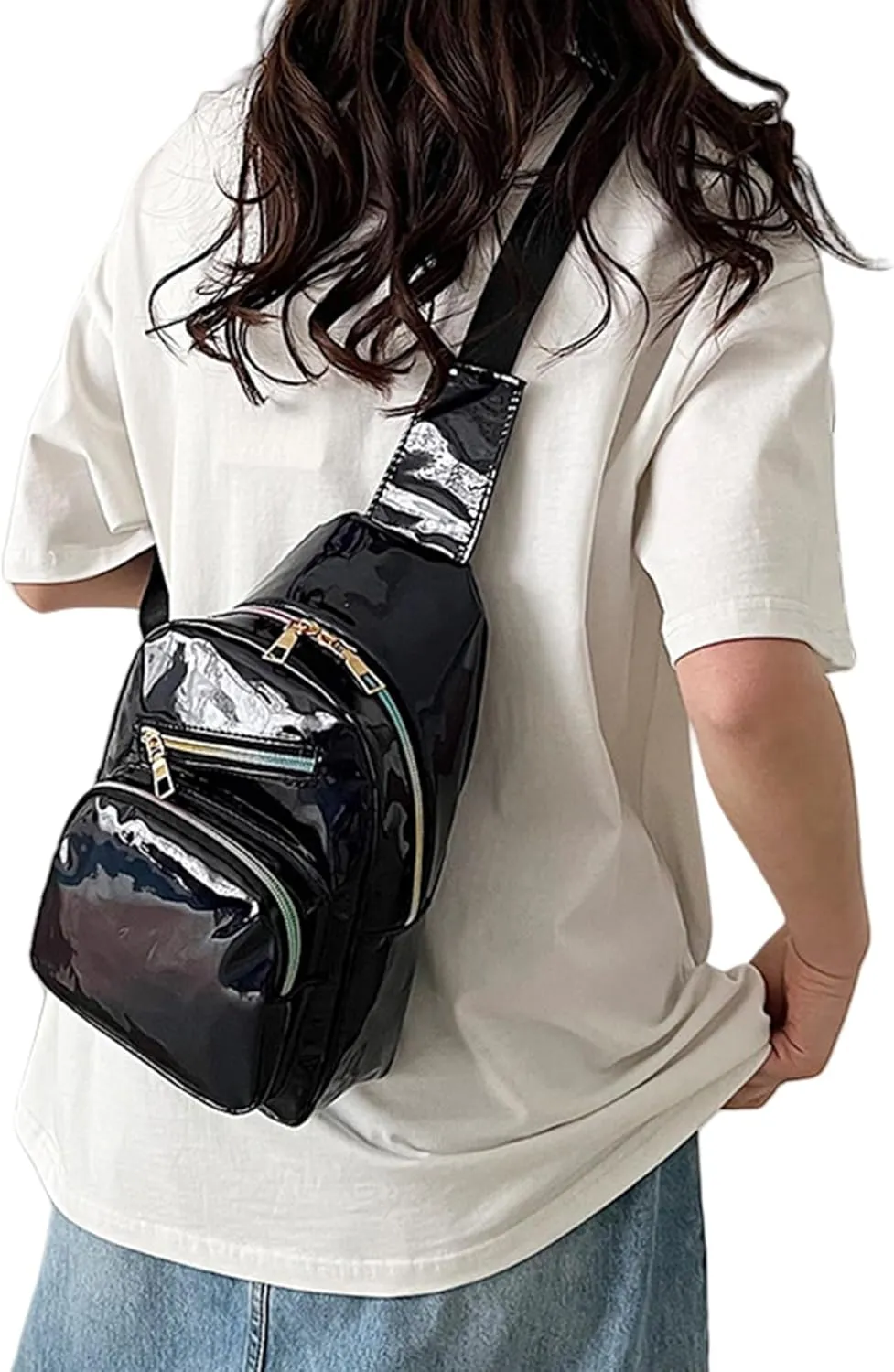 Laser Chest Bag for Women Men Holographic Sling Bag Unisex Colorful Sport Daypack Leather Shiny Crossbody Bag Shoulder Bag