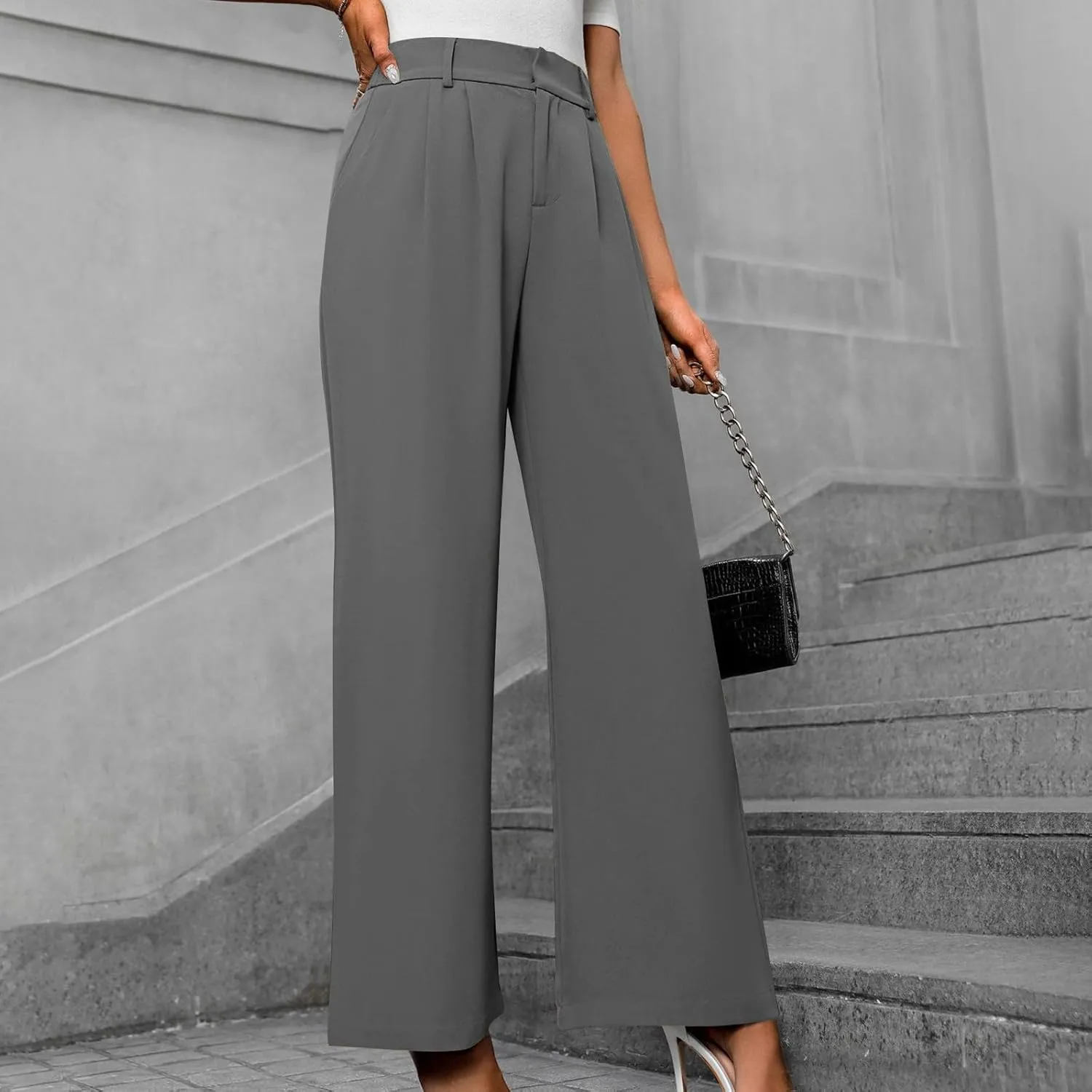 Lastesso Pants for Women Solid Straight Wide Leg Trousers with Pcoekts High Waisted Baggy Business Casual Suit Pants
