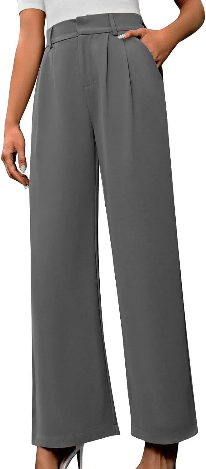 Lastesso Pants for Women Solid Straight Wide Leg Trousers with Pcoekts High Waisted Baggy Business Casual Suit Pants