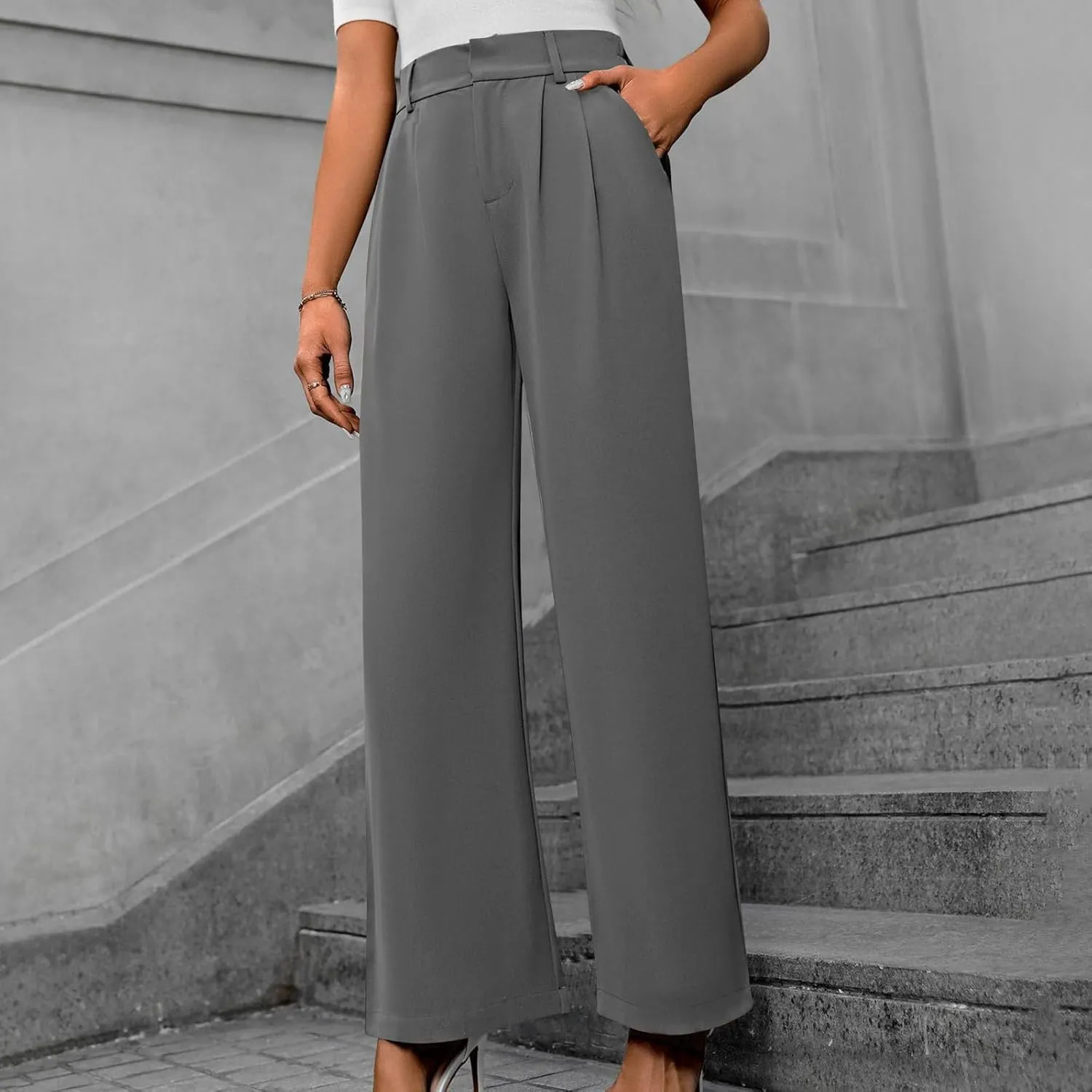 Lastesso Pants for Women Solid Straight Wide Leg Trousers with Pcoekts High Waisted Baggy Business Casual Suit Pants