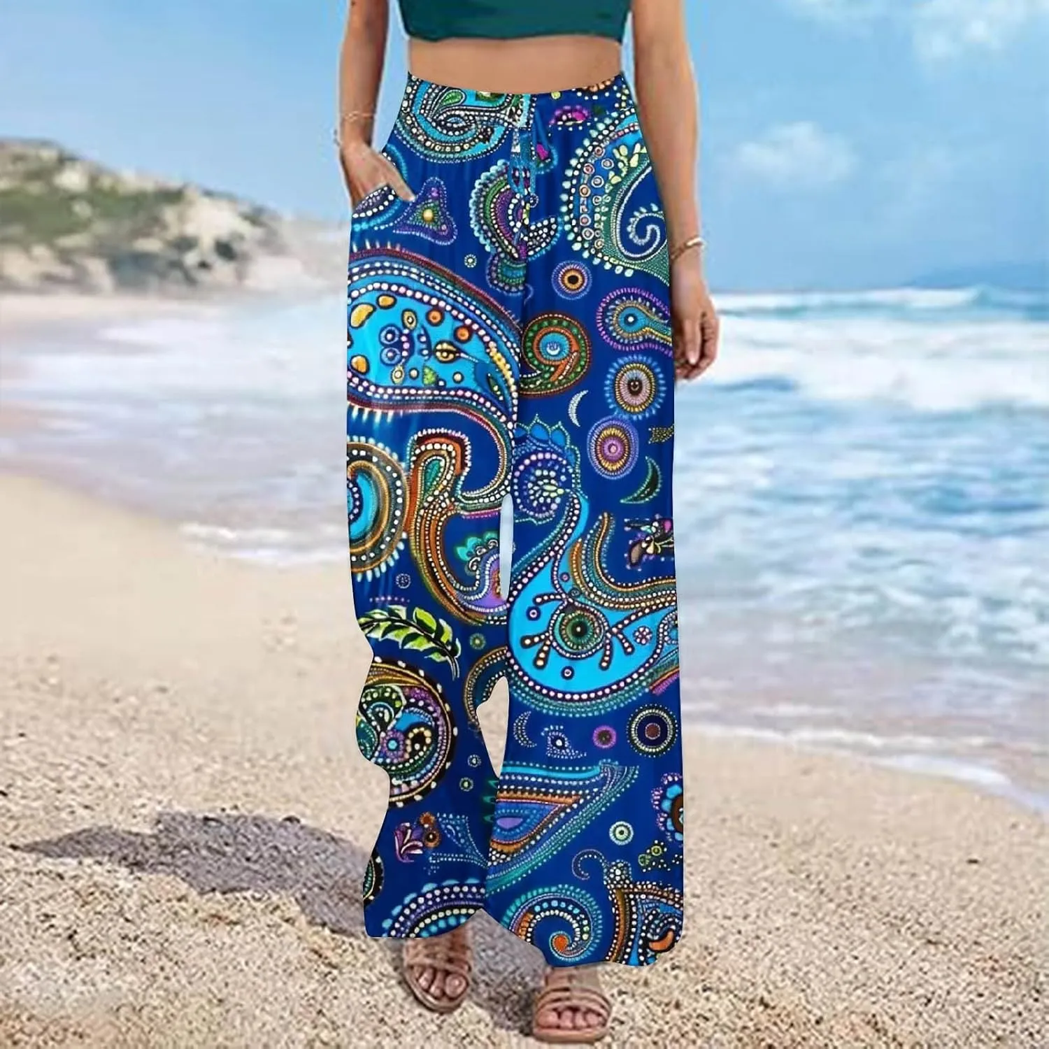 Lastesso Wide Leg Pants Women Casual Flowy Palazzo Pants High Waist Ethnic Style Fashion Falll Clothes Soft Lounge Pants