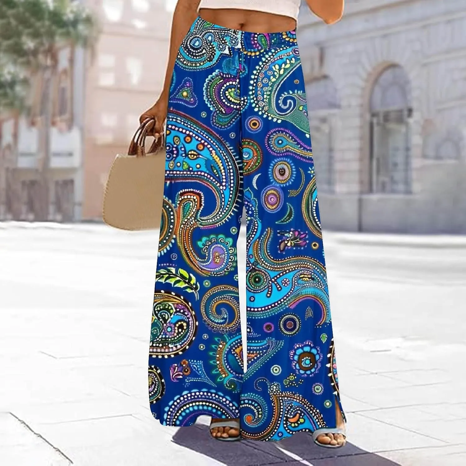 Lastesso Wide Leg Pants Women Casual Flowy Palazzo Pants High Waist Ethnic Style Fashion Falll Clothes Soft Lounge Pants