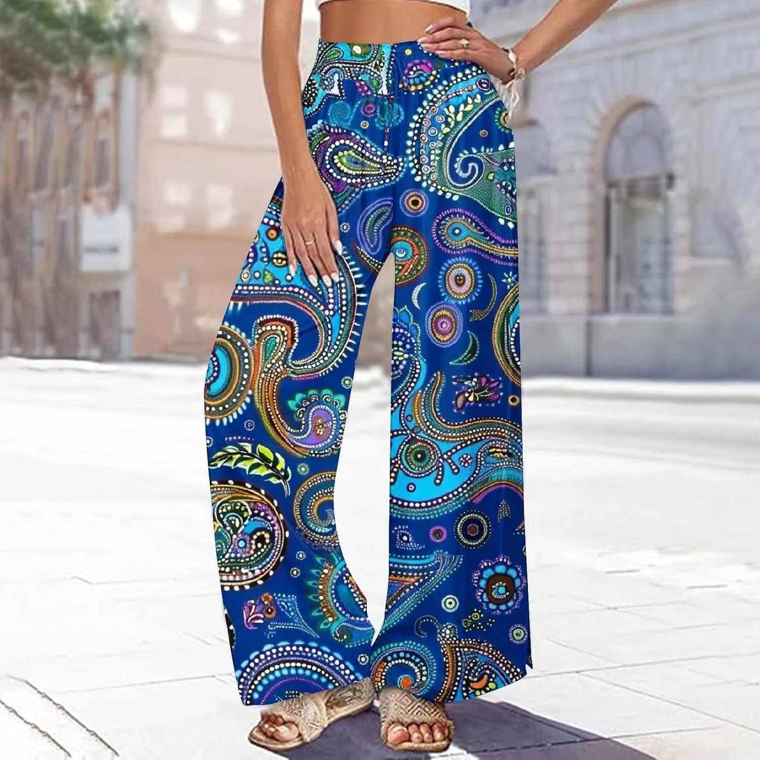 Lastesso Wide Leg Pants Women Casual Flowy Palazzo Pants High Waist Ethnic Style Fashion Falll Clothes Soft Lounge Pants