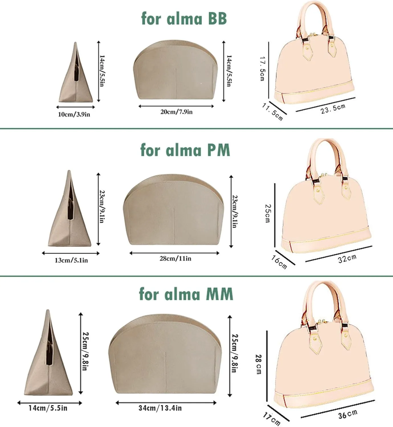 Lckaey Bag Organizer for Alma BB Alma PM Felt Purse Organizer Insert with Zipper 1004Khaki-L（NLMA-BB